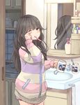  bangs bathroom black_hair bottle commentary_request cup long_hair lotion_bottle mirror mug multicolored_shirt niichi_(komorebi-palette) one_eye_closed original pajamas rubbing_eyes sink sleepy soap_bottle solo sweater toothbrush toothbrush_in_mouth toothpaste towel wavy_hair 