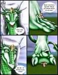  2003 anthro clothed clothing comic dialogue dragon duo ear_piercing english_text facial_piercing feet female foot_fetish foot_focus green_scales hair horn human jewelry long_hair male mammal markie nose_piercing open_mouth orange_eyes piercing purple_hair scalie size_difference slit_pupils smile speech_bubble stomping teeth text 