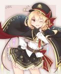  1girl ;d alternate_costume bangs belt belt_buckle black_cape black_gloves black_hat black_skirt blonde_hair blush bow brown_background brown_belt buckle cape commentary_request coreytaiyo crystal dated doyagao dress_shirt eyebrows_visible_through_hair fang flandre_scarlet flying_sweatdrops frilled_skirt frills gloves hair_between_eyes hair_ornament hair_ribbon hand_on_hip hand_on_own_chin hat hat_bow highres long_hair long_sleeves military military_hat military_uniform multicolored multicolored_cape multicolored_clothes one-piece_swimsuit one_eye_closed open_mouth peaked_cap pleated_skirt red_bow red_cape red_eyes red_ribbon ribbon shirt signature skirt smile solo swimsuit touhou two-tone_background uniform white_shirt wings x_hair_ornament 