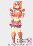  &gt;:( absurdres bangs bike_shorts blush brave_sword_x_blaze_soul breastplate company_name copyright_name eyebrows eyebrows_visible_through_hair frown full_body gauntlets greaves grey_background hair_between_eyes highres kokka_han looking_at_viewer midriff navel official_art orange_eyes orange_hair pink_skirt pleated_skirt short_hair side_ponytail simple_background skirt solo v-shaped_eyebrows visor_(armor) 