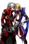  absurdres belt black_gloves black_pants blazblue blonde_hair cowboy_shot crazy_eyes early_type faceoff forehead-to-forehead gloves green_eyes hand_on_hilt high_collar highres jacket jin_kisaragi military military_uniform multiple_belts multiple_boys nose pants ragna_the_bloodedge red_eyes red_jacket spiked_hair uniform white_gloves white_hair yukianesa 