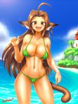  ahoge animal_ears bikini borrowed_character breasts brown_eyes brown_hair cat_ears cat_tail cleavage cowboy_shot food_print highres huge_ahoge large_breasts long_hair navel nestkeeper open_mouth original smile solo standing swimsuit tail toned watermelon_print yuki_(freelancemanga) 