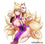  animal_ears bad_id bad_tumblr_id bare_shoulders blonde_hair blush breasts china_dress chinese_clothes cleavage cleavage_cutout detached_sleeves dress fox_ears fox_mask fox_tail hizuki_akira large_breasts long_hair looking_at_viewer mask original sangoku_infinity simple_background solo tail thighhighs white_background white_legwear 
