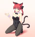  animal_ears bare_arms bare_shoulders black_legwear bow braid breasts cat_ears cat_tail cleavage detached_collar extra_ears hair_bow isaki_(gomi) kaenbyou_rin kittysuit kneeling large_breasts leotard multiple_tails pantyhose red_eyes red_hair smile solo tail touhou twin_braids wrist_cuffs 