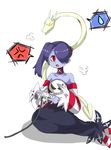  1girl blue_skin controller detached_collar detached_sleeves dress hair_over_one_eye highres leviathan_(skullgirls) red_eyes side_ponytail skullgirls socks squigly_(skullgirls) stitched_mouth striped striped_legwear striped_sleeves striped_socks video_game zombie 