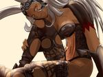  animal_ears bracer breasts bunny_ears center_opening dark_skin ears_through_headwear final_fantasy final_fantasy_xii fran helmet large_breasts leaning_forward long_hair looking_at_viewer masapeko navel red_eyes revealing_clothes see-through sitting solo viera white_hair 