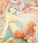  artist_name bangs bikini_top blunt_bangs fujiwara_no_mokou hair_ribbon highres hime_cut long_hair pants red_eyes red_footwear red_pants ribbon shoes signature sitting solo touhou traditional_media uryan! very_long_hair watercolor_(medium) 