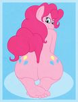  2015 anthro anthrofied blue_eyes butt cutie_mark earth_pony equine female foot_focus friendship_is_magic hair horse humanoid_feet long_hair mammal matthew_the_mouse my_little_pony nude pink_body pink_hair pinkie_pie_(mlp) plantigrade pony raised_tail rear_view smile soles solo 