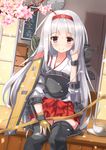  boots bow_(weapon) cherry_blossoms hairband japanese_clothes kantai_collection long_hair muneate revision shoukaku_(kantai_collection) silver_hair smile solo suzuame_yatsumi thigh_boots thighhighs weapon 