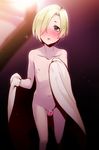  bad_id bad_pixiv_id blonde_hair blush censored earrings genderswap genderswap_(ftm) hair_over_one_eye heart heart_censor idolmaster idolmaster_cinderella_girls jewelry looking_at_viewer male_focus nude open_mouth otoko_no_ko penis red_eyes shirasaka_koume short_hair small_testicles solo tkhs 