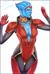  alien asari bad_deviantart_id bad_id blue_eyes blue_skin bodysuit breasts center_opening cleavage cowboy_shot detached_collar freckles kate_niemczyk large_breasts mass_effect mass_effect_2 mature samara_(mass_effect) solo standing thigh_gap 