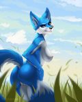  2015 anthro blue_eyes blue_fur breasts butt canine female fur grass jacimae looking_at_viewer mammal nipples nude pussy smirk solo 