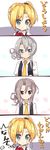  4koma absurdres alternate_costume amano_kouki aqua_eyes blonde_hair brown_eyes comic cosplay gloves green_eyes highres kantai_collection long_hair maikaze_(kantai_collection) multiple_girls nowaki_(kantai_collection) nowaki_(kantai_collection)_(cosplay) ponytail school_uniform silver_hair smile sweat translated white_gloves zuihou_(kantai_collection) 