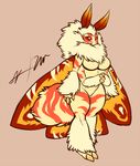  4_arms antennae anthro arthropod breasts claws cute female fluffy fur insect mane moth multi_limb multiple_arms neck_tuft nude red_eyes signature solo source_request standing stripes tan_background tuft unknown_artist unknown_artist_signature white_fur wings 