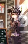  animal_hat bag black_legwear blush breathing_on_hands cat cat_hat coat flower handbag hat hat_flower hoshizora_rin love_live! love_live!_school_idol_project orange_hair shipii_(jigglypuff) short_hair sign skirt solo translated winter yellow_eyes 