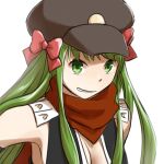  1girl assassin_cross_(ragnarok_online) bangs black_gloves black_headwear black_leotard bow breasts cabbie_hat cleavage commentary_request elbow_gloves gloves green_eyes green_hair grin hair_bow hat leotard long_hair looking_at_viewer medium_breasts natsuya_(kuttuki) pink_bow ragnarok_online red_scarf revealing_clothes scarf simple_background smile solo upper_body vambraces white_background 