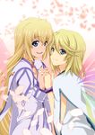  1girl :d androgynous bad_id bad_pixiv_id blonde_hair blue_eyes choker collet_brunel diamond_(shape) holding_hands interlocked_fingers long_hair long_sleeves mithos_yggdrasill open_mouth petals short_hair smile tales_of_(series) tales_of_symphonia urushibara_rikka wings 