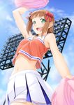  :d amami_haruka bow brown_hair cheerleader cowboy_shot from_below green_eyes hair_bow idolmaster idolmaster_(classic) midriff miri_(ago550421) navel one_eye_closed open_mouth pom_poms short_hair sleeveless smile solo sweat 