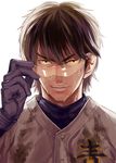  ace_of_diamond adjusting_eyewear baseball_uniform brown_hair dirty_clothes glasses gloves isamu looking_at_viewer miyuki_kazuya sportswear sweat upper_body white_background yellow_eyes 