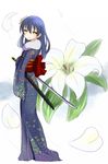  bangs blue_hair flower from_side fur_trim hair_flower hair_ornament japanese_clothes katana kimono lily_(flower) looking_to_the_side love_live! love_live!_school_idol_project obi petals sash sheath shipii_(jigglypuff) solo sonoda_umi standing sword unsheathed weapon yellow_eyes 