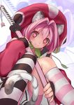  absurdres animal_ears asymmetrical_legwear bad_id bad_pixiv_id cat_ears fang_out hat heart heart-shaped_pupils highres katana kneehighs looking_at_viewer original pink_eyes pink_hair sachimaa sitting skirt solo striped striped_legwear sword symbol-shaped_pupils thighhighs weapon 