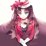  blue_eyes brown_hair byulrorqual fate/stay_night fate_(series) formal hat hat_ribbon jewelry necklace pearl_necklace ribbon solo toosaka_rin two_side_up 