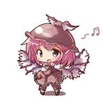  bangs beamed_sixteenth_notes bird_wings brown_dress chibi dress eyebrows_visible_through_hair hand_on_own_chest hat kneehighs long_sleeves looking_at_viewer lowres musical_note mystia_lorelei open_mouth pink_hair pointing purple_eyes ryogo short_hair simple_background solo spoken_musical_note touhou white_background wings 