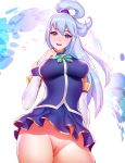  1girl absurdres aqua_(konosuba) arm_at_side bangs bare_shoulders blue_eyes blue_hair blue_shirt blue_skirt blush bow breasts cowboy_shot detached_sleeves eyebrows_visible_through_hair eyelashes from_below green_bow hair_between_eyes hair_ornament hair_rings hand_on_own_chest high-waist_skirt high_collar highres impossible_clothes kono_subarashii_sekai_ni_shukufuku_wo! legs_together long_hair long_sleeves looking_at_viewer medium_breasts miniskirt no_panties open_mouth paid_reward patreon_reward pink_lady_mage pleated_skirt ponytail pussy shirt sidelocks skirt sleeveless sleeveless_shirt solo standing uncensored very_long_hair 