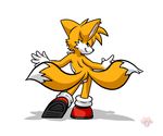  5_fingers absurd_res anthro backsack balls black_nose blue_eyes butt canine clothing footwear fox fur half-closed_eyes hi_res looking_at_viewer looking_back male mammal miles_prower nude orange_fur penis perineum plain_background shoes smirk solo sonic_(series) white_background 