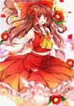  ascot bare_shoulders bow brown_hair camellia camera detached_sleeves flower hair_bow hair_tubes hakurei_reimu open_mouth petals red_eyes sash solo toufukin touhou 