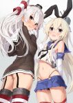  :d :o amatsukaze_(kantai_collection) armpit_crease ass bangs bare_shoulders black_dress black_neckwear black_panties black_ribbon blonde_hair blue_eyes blue_sailor_collar blush brown_eyes buttons commentary_request cowboy_shot crop_top dress elbow_gloves eyebrows_visible_through_hair fang from_below garter_straps gloves gluteal_fold gradient gradient_background groin hair_between_eyes hand_up hat highleg highleg_panties highres kantai_collection long_hair long_sleeves looking_at_viewer midriff mini_hat multiple_girls navel neckerchief open_mouth panties red_legwear rensouhou-chan ribbon sailor_collar sailor_dress school_uniform serafuku shimakaze_(kantai_collection) shirt sidelocks silver_hair sleeveless sleeveless_shirt smile standing stomach striped striped_legwear takanashi_kei_(hitsujikan) thighhighs turret two_side_up underwear very_long_hair white_background white_gloves white_sailor_collar white_shirt windsock 