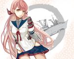  akashi_(kantai_collection) akashi_(repair_ship) green_eyes hacco hair_ribbon hip_vent kantai_collection long_hair looking_at_viewer pink_hair ribbon school_uniform serafuku skirt smile solo tress_ribbon 