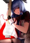  akabane_rin brown_eyes electric_guitar gloves guitar hair_ribbon headgear highres instrument kantai_collection long_hair murakumo_(kantai_collection) pantyhose remodel_(kantai_collection) ribbon school_uniform serafuku silver_hair smile solo stratocaster 