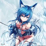  akkijin animal_ears bare_shoulders blue_eyes blue_hair breast_hold breasts claws cleavage collar fenrir_(shinkai_no_valkyrie) frown fur hair_between_eyes highres ice leash long_hair looking_at_viewer official_art paws pubic_hair restrained shinkai_no_valkyrie small_breasts solo tail very_long_hair watermark wolf_ears 