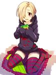  bags_under_eyes blonde_hair blush denim denim_shorts dvd_case earrings hair_over_one_eye hood hood_down hoodie idolmaster idolmaster_cinderella_girls jewelry looking_at_viewer open_mouth red_eyes shirasaka_koume short_hair shorts sitting sleeves_past_fingers sleeves_past_wrists smile solo striped striped_legwear thighhighs wariza wokome 