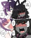  2koma animal_ears barking black_hair black_sclera blue_eyes blush cat_ears cheshire_cat_(monster_girl_encyclopedia) collar comic derivative_work dog_ears english fang grey_skin grin hellhound j.k. monster_girl monster_girl_encyclopedia multicolored_hair multiple_girls purple_hair red_eyes sexually_suggestive smile sweat tears yuri 