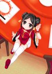  black_eyes black_hair bloomers chair child china_dress chinese_clothes chopsticks double_bun dress from_above lazy_susan leg_lift long_hair looking_up on_table original phonograph plate sitting solo table thighhighs underwear waving 