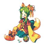  animal_ears fox fox_ears fox_girl fox_tail green_hair hair_ornament pixel_art tail transparent_background uruchimai 