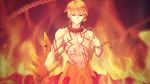  armor blonde_hair chain ea_(fate/stay_night) earrings enkidu_(weapon) fate/hollow_ataraxia fate/stay_night fate_(series) fire gilgamesh highres jewelry male_focus red_eyes shirtless solo tattoo ym_(snovee) 