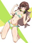  barefoot big_hair bikini blush breasts brown_eyes brown_hair chikuishi cleavage daihatsu_meika eyewear_on_head glasses head_tilt headphones headphones_around_neck kneeling long_hair medium_breasts navel punch_line shiny shiny_skin solo swimsuit wavy_mouth 