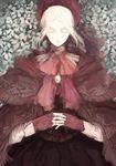  bangs black_skirt bloodborne bonnet cloak doll_joints field flower flower_field hands_together long_skirt lying maruco on_back pale_skin plain_doll rose short_hair skirt solo swept_bangs white_hair 