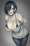  1girl @_@ arms_behind_back bent_over black_eyes black_hair breasts camui_kamui cleavage dress eyes_visible_through_hair greyscale hair_over_one_eye highres looking_at_viewer monochrome off-shoulder_sweater off_shoulder open_mouth original pantyhose shiny short_hair smile sweater sweater_dress thighs 