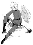  aldnoah.zero angel_wings ball_and_chain_restraint boots dithering greyscale male_focus military military_uniform monochrome sitting slaine_troyard solo uniform wings zerotted 