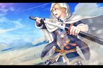  armor blonde_hair blue_eyes blue_sky cloak cloud collared_shirt day holding holding_sword holding_weapon hood hooded_cloak japanese_armor letterboxed male_focus necktie open_mouth sheath shirt shoulder_armor sky sode solo sweater_vest sword torn_clothes touken_ranbu tree unsheathing urushibara_rikka vest weapon yamanbagiri_kunihiro 