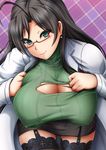  antenna_hair black_hair black_legwear bol_(liliymimi) breasts cleavage covered_nipples earrings garter_straps green_eyes hasegawa_chisato highres huge_breasts jewelry long_hair looking_at_viewer meme_attire mole mole_under_eye open-chest_sweater paizuri_invitation ribbed_sweater shinmai_maou_no_testament smile solo sweater thighhighs 