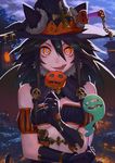  absurdres black_gloves black_hair candy food gloves halloween hat highres licking_lips lollipop long_hair looking_at_viewer orange_hair original sachimaa solo tongue tongue_out 