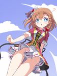  ? bare_legs blue_eyes bokura_no_live_kimi_to_no_life bow braid brown_hair clenched_hand cloud cloudy_sky day from_below hair_bow kousaka_honoka looking_at_viewer love_live! love_live!_school_idol_project no_panties one_side_up ribbon shipii_(jigglypuff) skirt sky solo upskirt 