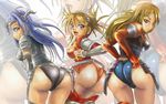  3girls am0n amon_(artist) armor ass blue_eyes blue_hair blush breasts brown_eyes brown_hair fraudir huge_ass knight leaning leaning_forward long_hair looking_at_viewer looking_back lwyn multiple_girls open_mouth panties parted_lips pauldrons ponytail richelle shiny shiny_clothes shiny_skin sideboob smile underwear valkyrie_profile valkyrie_profile_2 