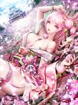  bad_id bad_pixiv_id breasts dadachyo flower hair_ornament large_breasts long_hair looking_at_viewer lying pink_eyes pink_hair smile solo tenka_touitsu_chronicle 