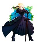  absurdres armor armored_dress artoria_pendragon_(all) bad_id bad_pixiv_id black_armor blonde_hair blue_flower blue_rose dark_excalibur dress fate/stay_night fate_(series) flower full_body gauntlets hair_bun hands_on_hilt highres mochaabx planted_sword planted_weapon rose saber_alter solo sword transparent_background weapon yellow_eyes 